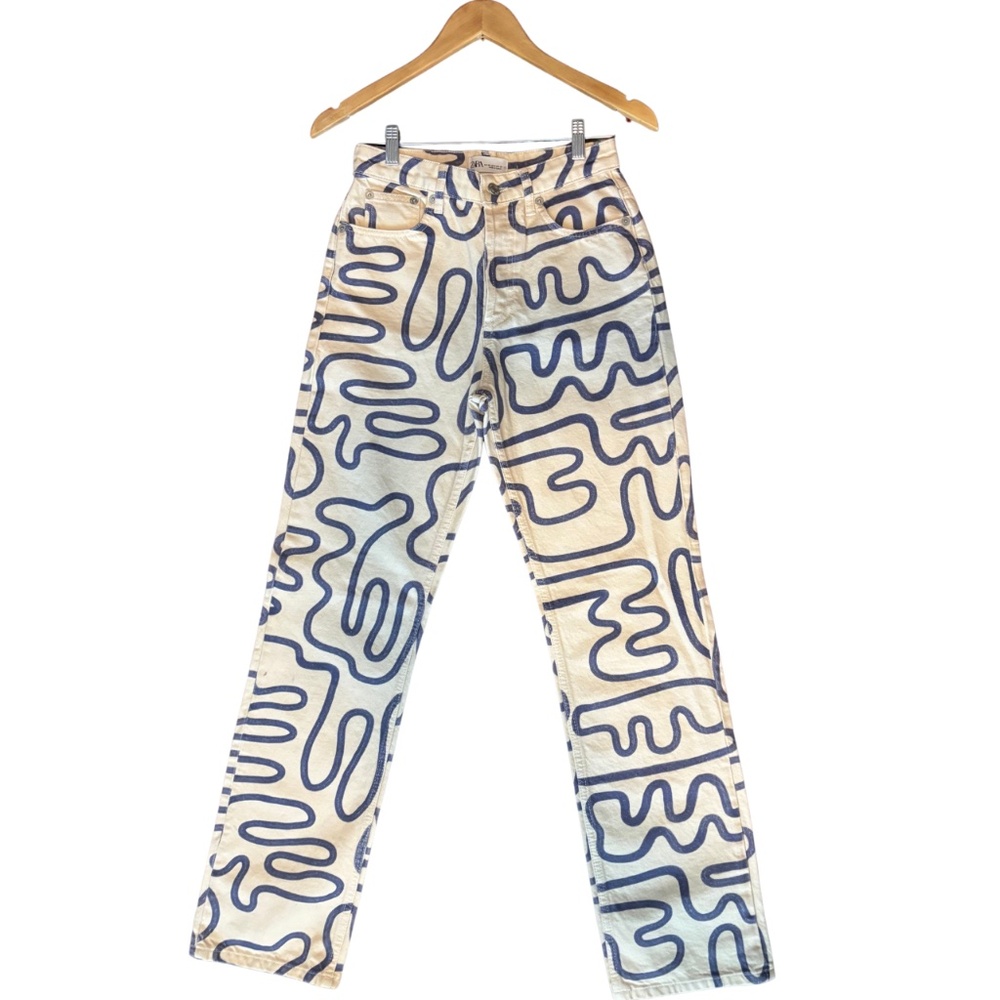 Zara Women’s Abstract squiggle Print High Rise Straight Leg Jeans Size 4